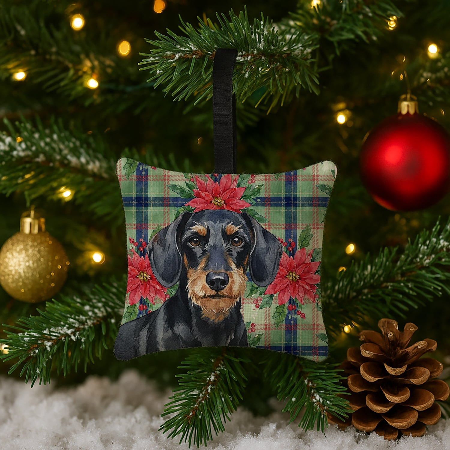 Wirehaired Black and Tan Dachshund Christmas PoinsettIas Hanging Square Fabric Ornament 3.5 � 3.5 Decorative Door-Knob & Tree Hanger, Soft Fabric