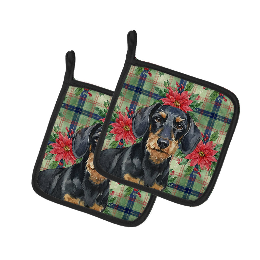 Wirehaired Black and Tan Dachshund Christmas PoinsettIas Pot Holder Set of 2 Heat Resistant Quilted Hot Pads 7.5 x 7.5 Inch, Insulated Kitchen Trivets for Cooking & Baking