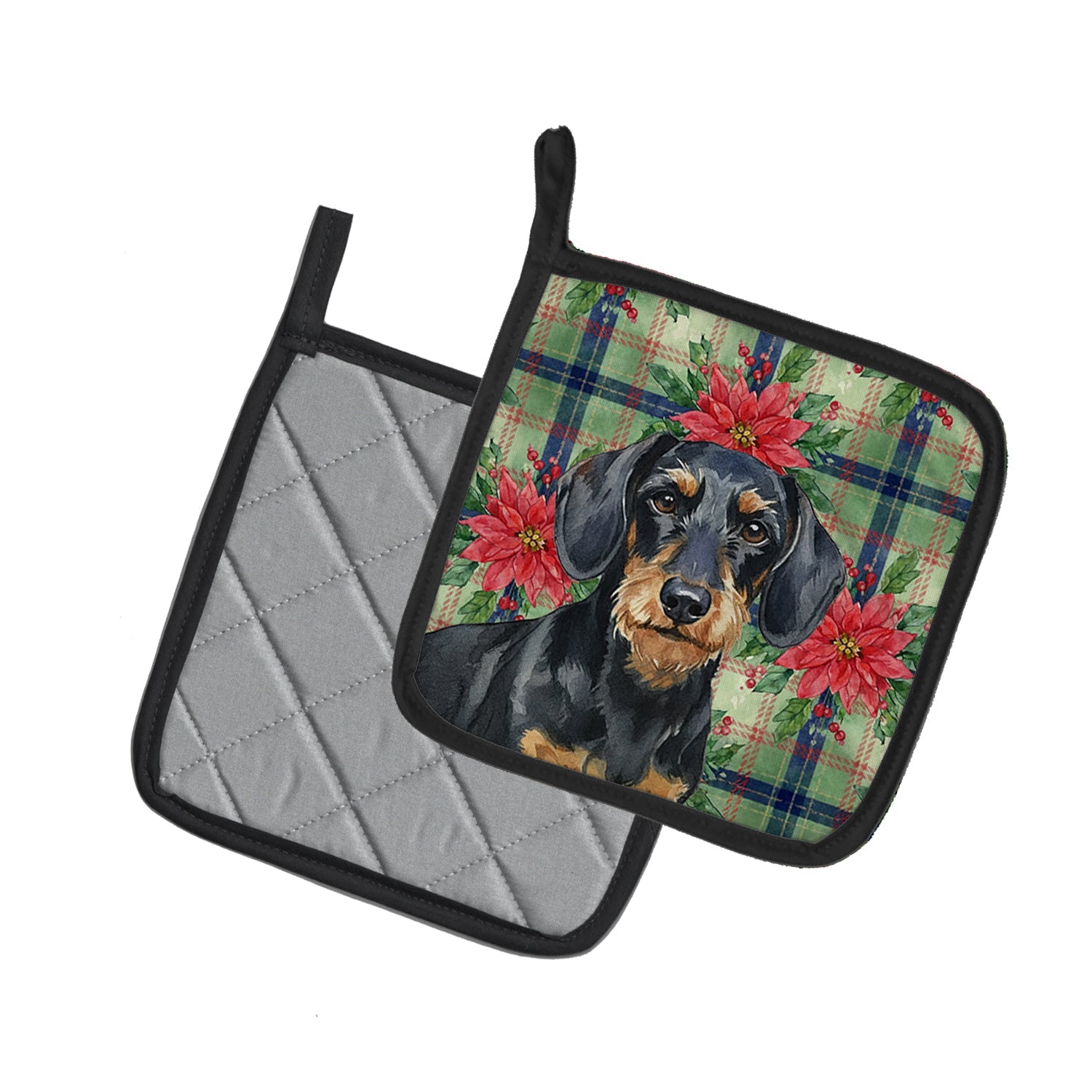 Wirehaired Black and Tan Dachshund Christmas PoinsettIas Pot Holder Set of 2 Heat Resistant Quilted Hot Pads 7.5 x 7.5 Inch, Insulated Kitchen Trivets for Cooking & Baking