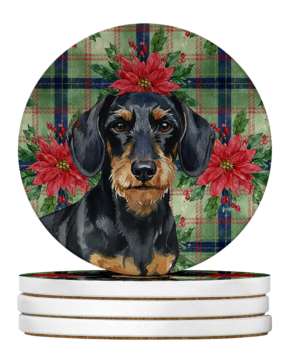 Wirehaired Black and Tan Dachshund Christmas PoinsettIas Large Sandstone Coasters Pack of 4 Absorbent Round Coasters Decor Gifts for Men or Women, 4 in, Multicolor
