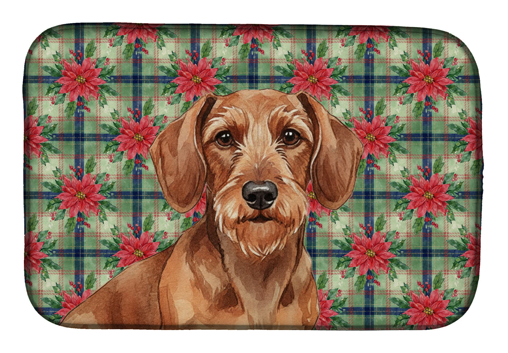 Wirehaired Red Dachshund Christmas PoinsettIas Dish Drying Mat Absorbent Dish Drying Mat Pad for Kitchen Counter Dish Drainer Mat for Countertop, 14 x 21", Multicolor