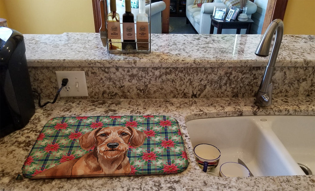 Wirehaired Red Dachshund Christmas PoinsettIas Dish Drying Mat Absorbent Dish Drying Mat Pad for Kitchen Counter Dish Drainer Mat for Countertop, 14 x 21", Multicolor