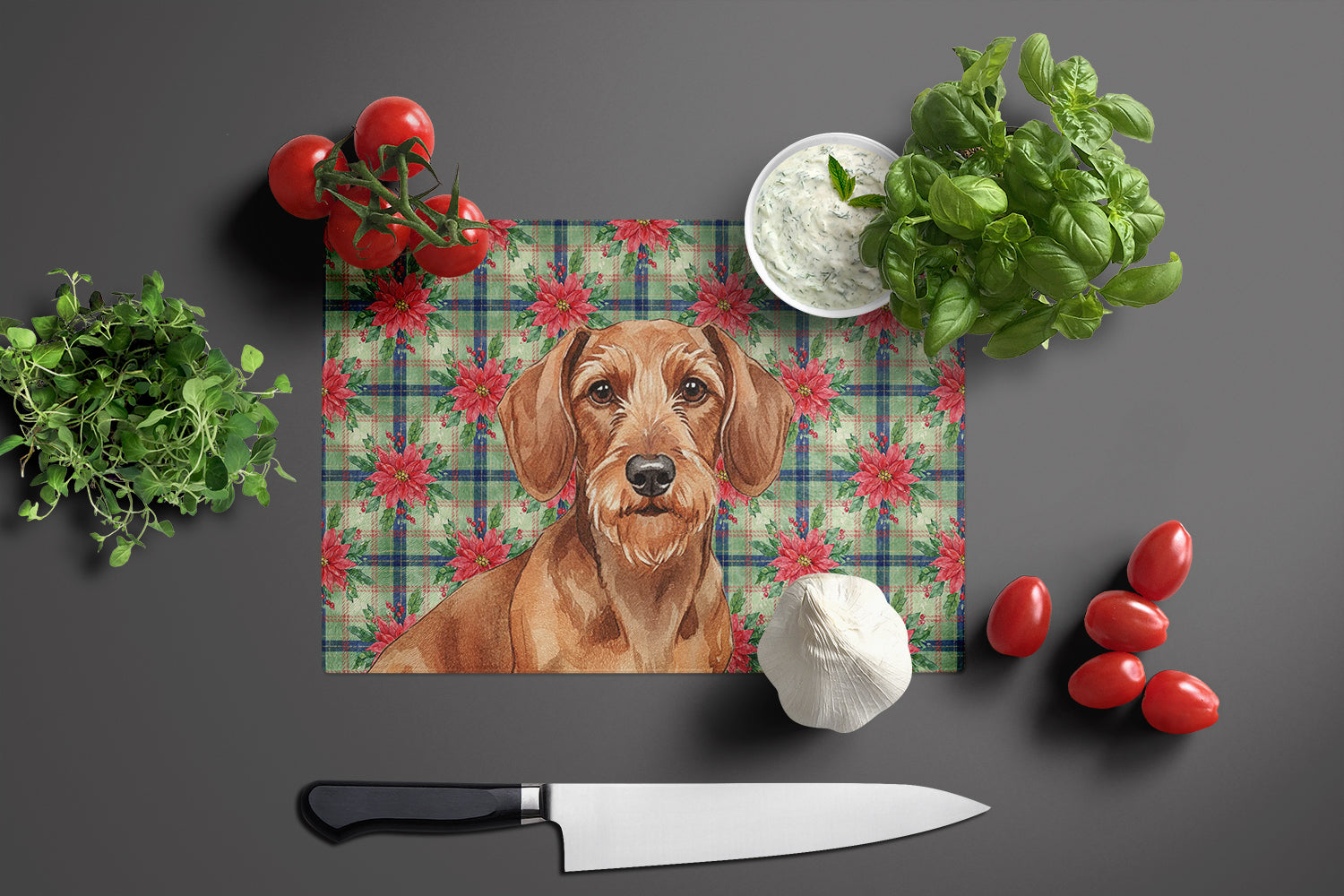 Wirehaired Red Dachshund Christmas PoinsettIas Cutting Board Tempered Glass Kitchen Cutting Surface, Heat Resistant Chopping, Non-Slip Feet, Food Prep & Serving