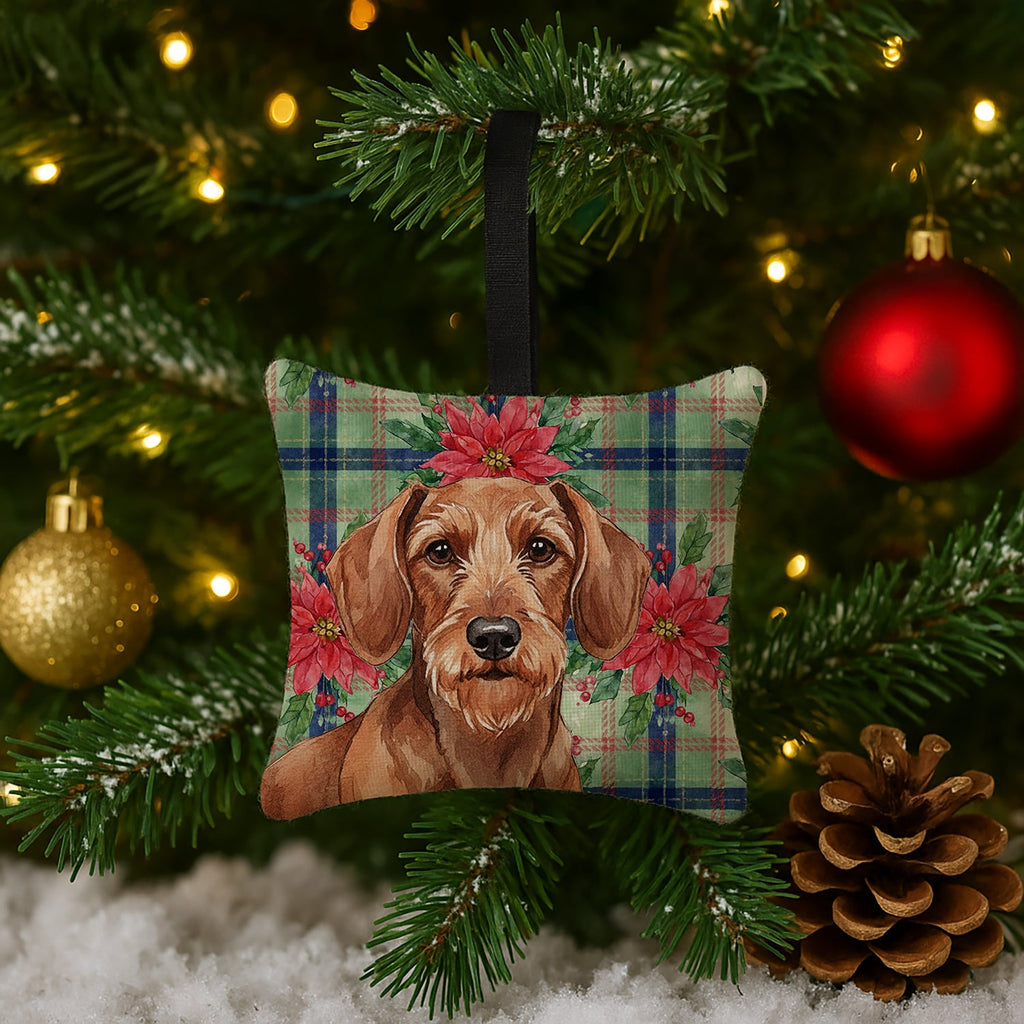 Wirehaired Red Dachshund Christmas PoinsettIas Hanging Square Fabric Ornament 3.5 � 3.5 Decorative Door-Knob & Tree Hanger, Soft Fabric