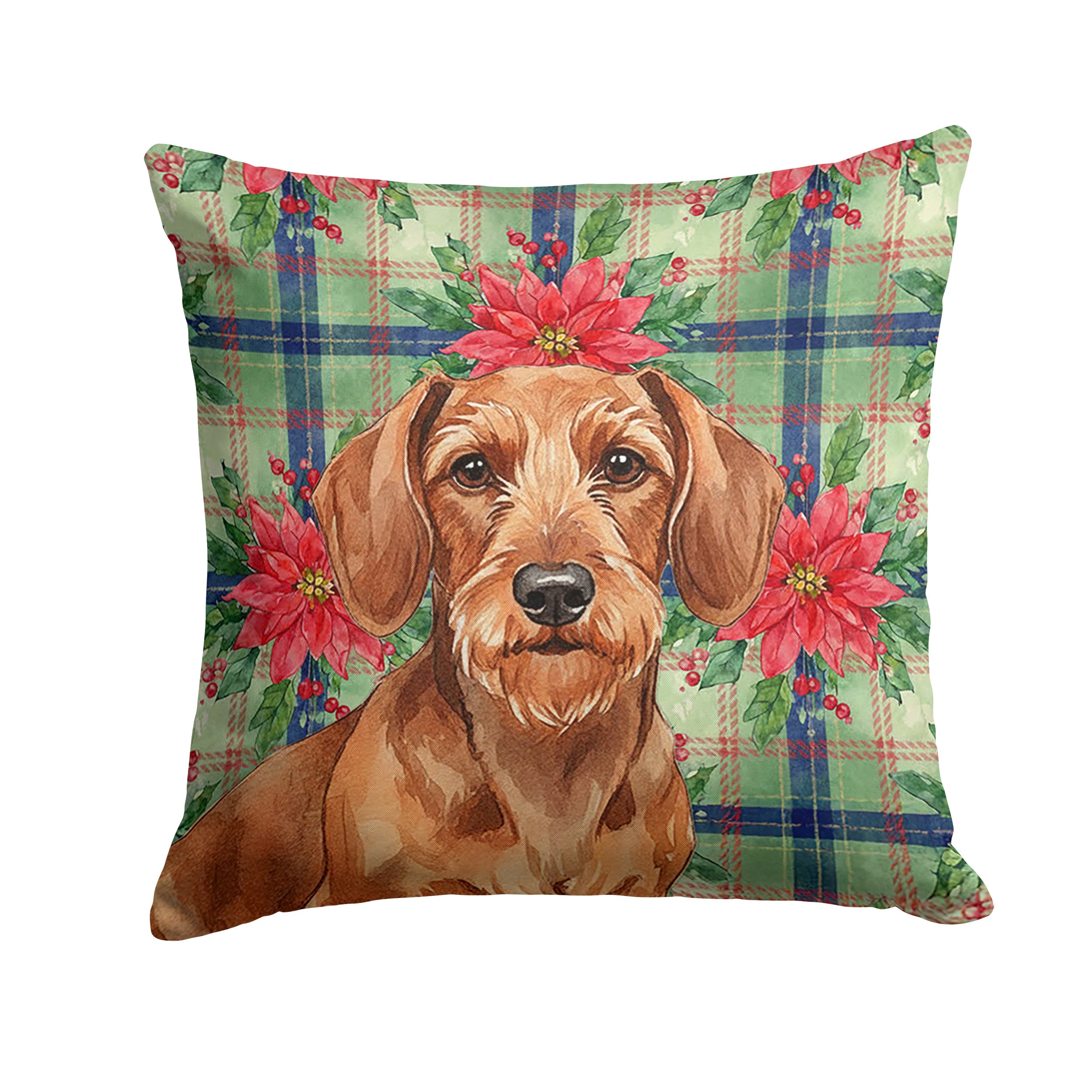 Wirehaired Red Dachshund Christmas PoinsettIas Decorative Throw Pillow 14x14 Indoor Outdoor Accent Cushion, Fabric Cover with Insert for Sofa, Bed, Porch & Living Room