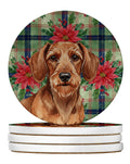 Wirehaired Red Dachshund Christmas PoinsettIas Large Sandstone Coasters Pack of 4 Absorbent Round Coasters Decor Gifts for Men or Women, 4 in, Multicolor
