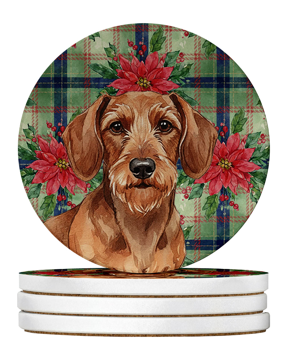 Wirehaired Red Dachshund Christmas PoinsettIas Large Sandstone Coasters Pack of 4 Absorbent Round Coasters Decor Gifts for Men or Women, 4 in, Multicolor
