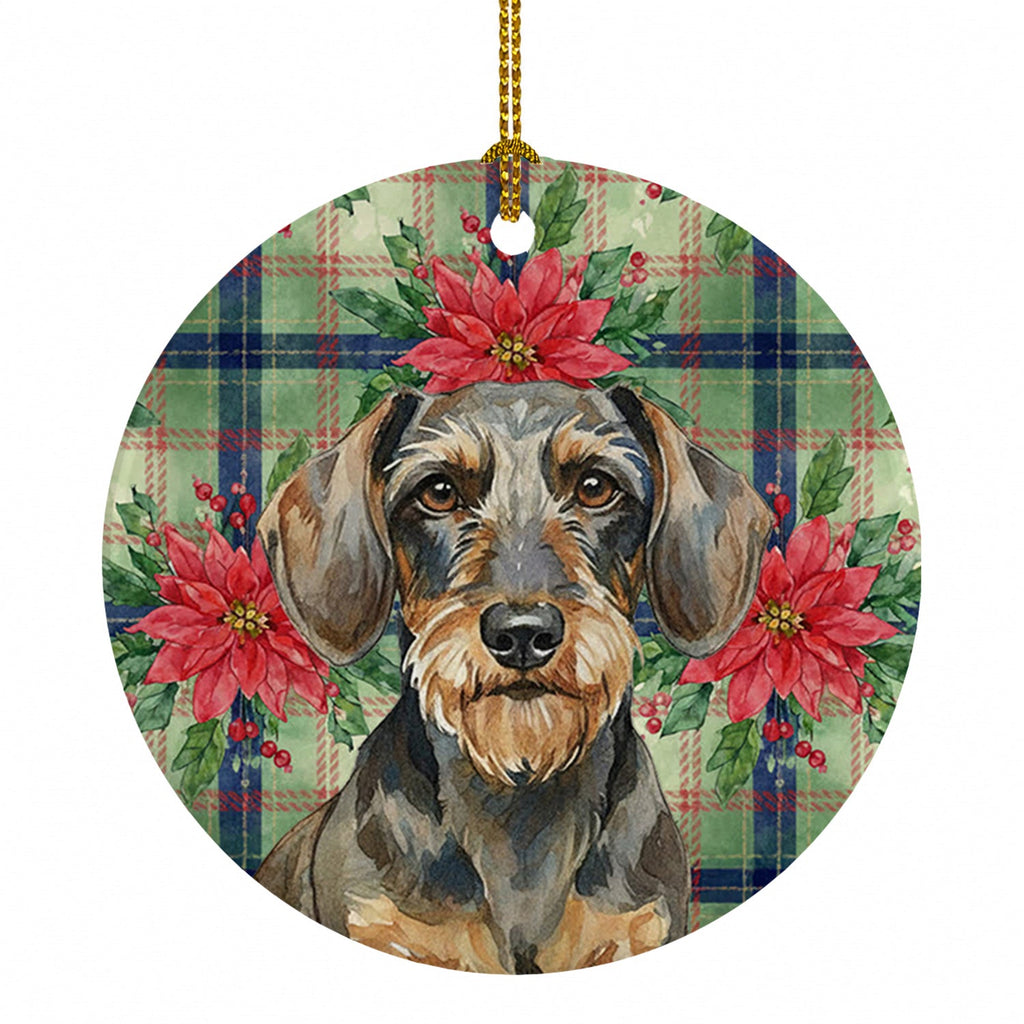 Wirehaired Wild Boar Dachshund Christmas PoinsettIas Ceramic Ornament Christmas Tree Hanging Decorations for Home Christmas Holiday, Party, Gift, 3 in, Multicolor