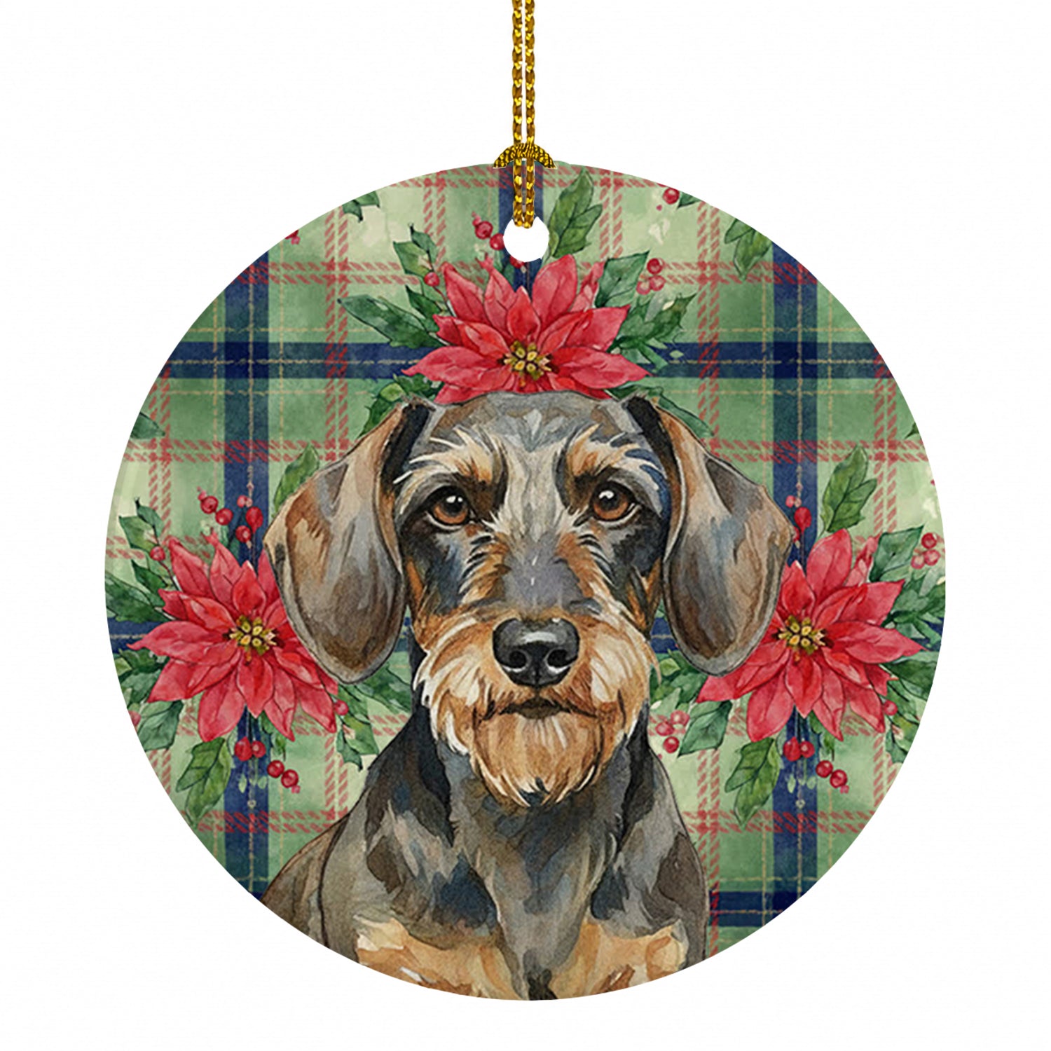 Wirehaired Wild Boar Dachshund Christmas PoinsettIas Ceramic Ornament Christmas Tree Hanging Decorations for Home Christmas Holiday, Party, Gift, 3 in, Multicolor