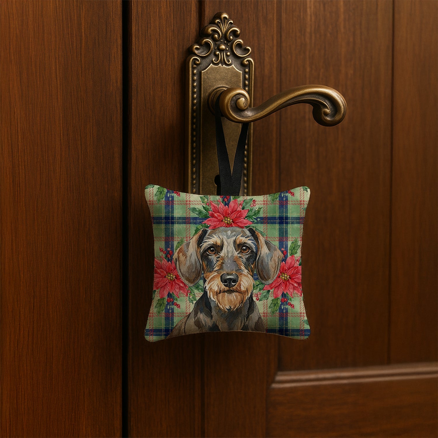 Wirehaired Wild Boar Dachshund Christmas PoinsettIas Hanging Square Fabric Ornament 3.5 � 3.5 Decorative Door-Knob & Tree Hanger, Soft Fabric