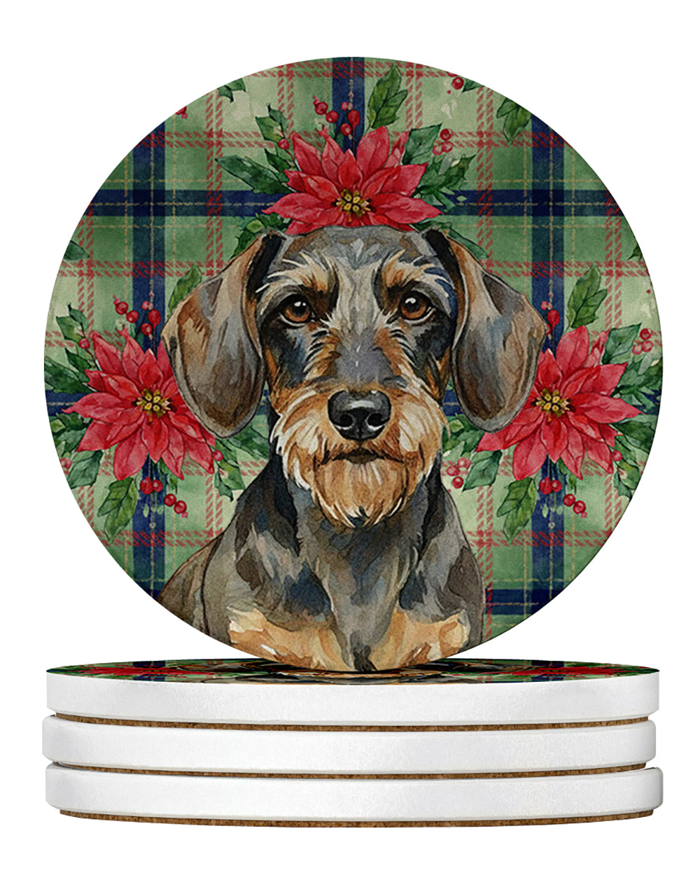 Wirehaired Wild Boar Dachshund Christmas PoinsettIas Large Sandstone Coasters Pack of 4 Absorbent Round Coasters Decor Gifts for Men or Women, 4 in, Multicolor