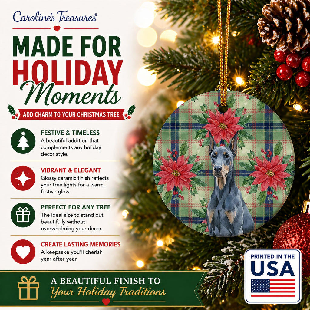 Blue Doberman Pinscher Christmas PoinsettIas Ceramic Ornament Christmas Tree Hanging Decorations for Home Christmas Holiday, Party, Gift, 3 in, Multicolor