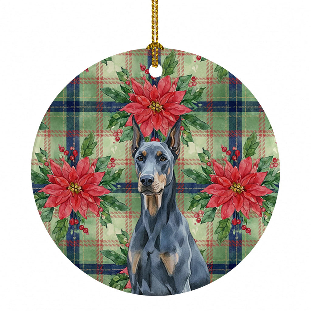 Blue Doberman Pinscher Christmas PoinsettIas Ceramic Ornament Christmas Tree Hanging Decorations for Home Christmas Holiday, Party, Gift, 3 in, Multicolor