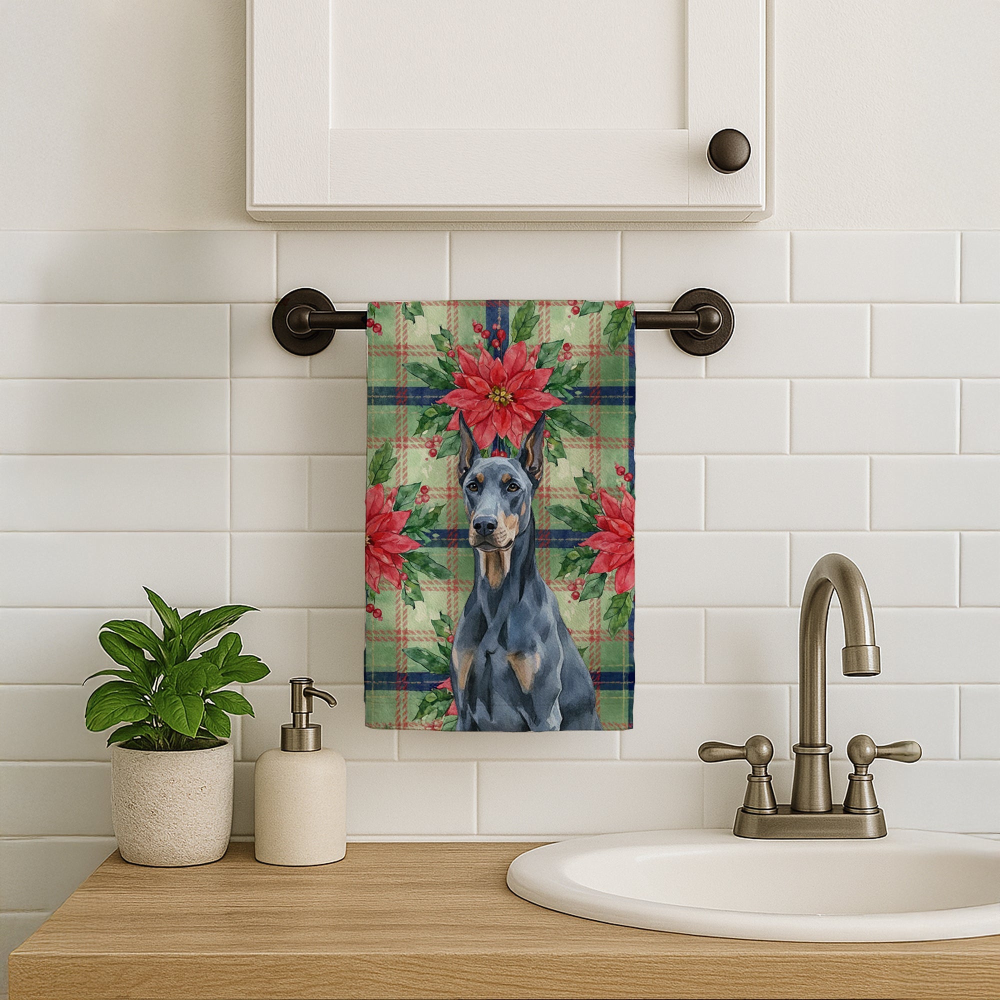 Blue Doberman Pinscher Christmas PoinsettIas Kitchen Towel Velour Plush Front and Cotton Loop Back Machine Washable