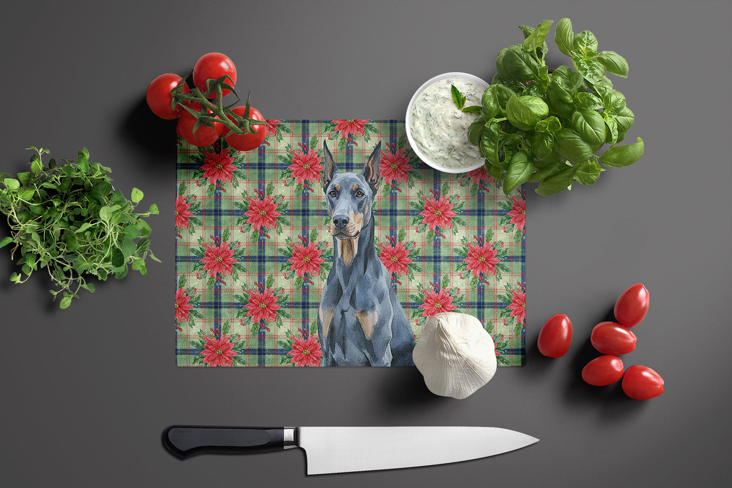Blue Doberman Pinscher Christmas PoinsettIas Cutting Board Tempered Glass Kitchen Cutting Surface, Heat Resistant Chopping, Non-Slip Feet, Food Prep & Serving