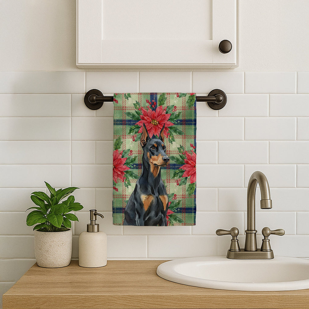 Doberman Pinscher Christmas PoinsettIas Kitchen Towel Velour Plush Front and Cotton Loop Back Machine Washable
