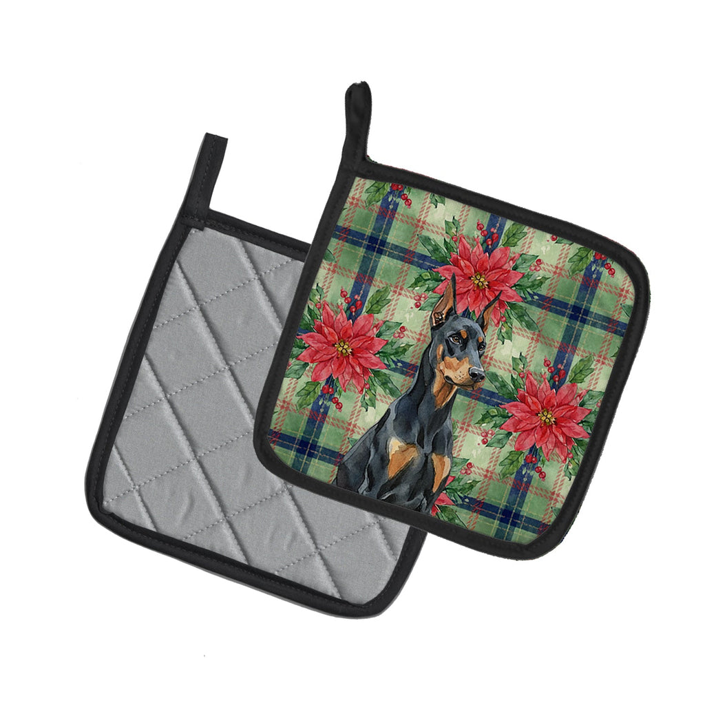 Doberman Pinscher Christmas PoinsettIas Pot Holder Set of 2 Heat Resistant Quilted Hot Pads 7.5 x 7.5 Inch, Insulated Kitchen Trivets for Cooking & Baking