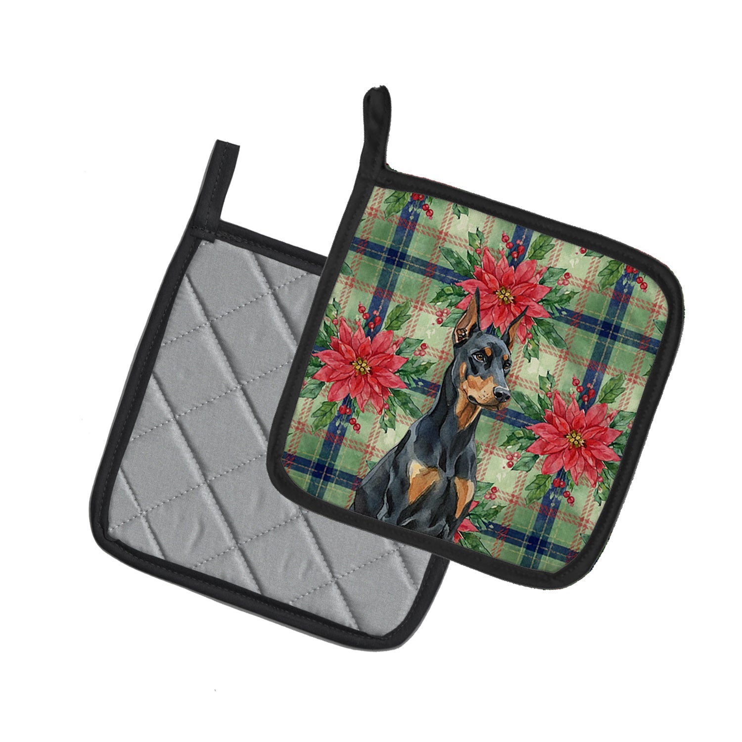 Doberman Pinscher Christmas PoinsettIas Pot Holder Set of 2 Heat Resistant Quilted Hot Pads 7.5 x 7.5 Inch, Insulated Kitchen Trivets for Cooking & Baking