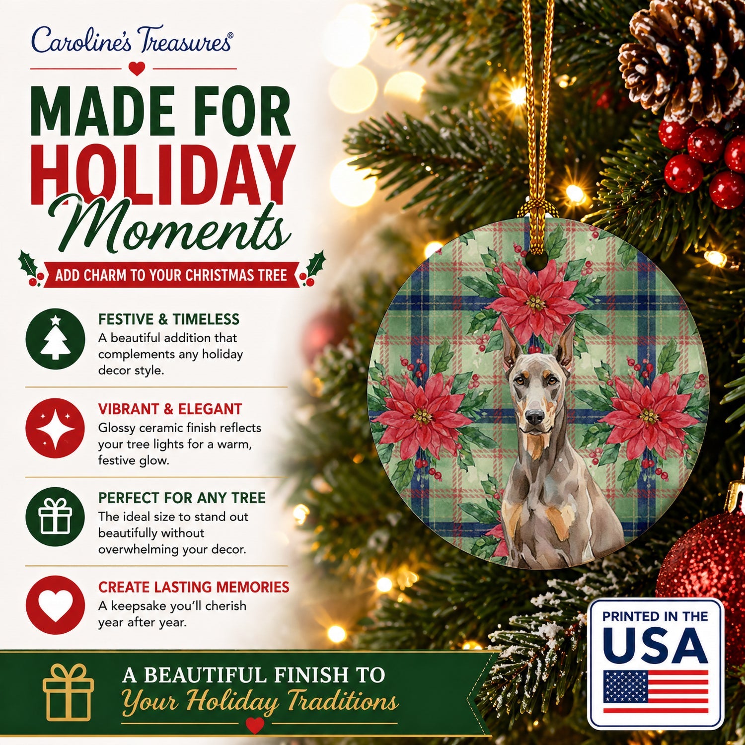 Fawn Doberman Pinscher Christmas PoinsettIas Ceramic Ornament Christmas Tree Hanging Decorations for Home Christmas Holiday, Party, Gift, 3 in, Multicolor