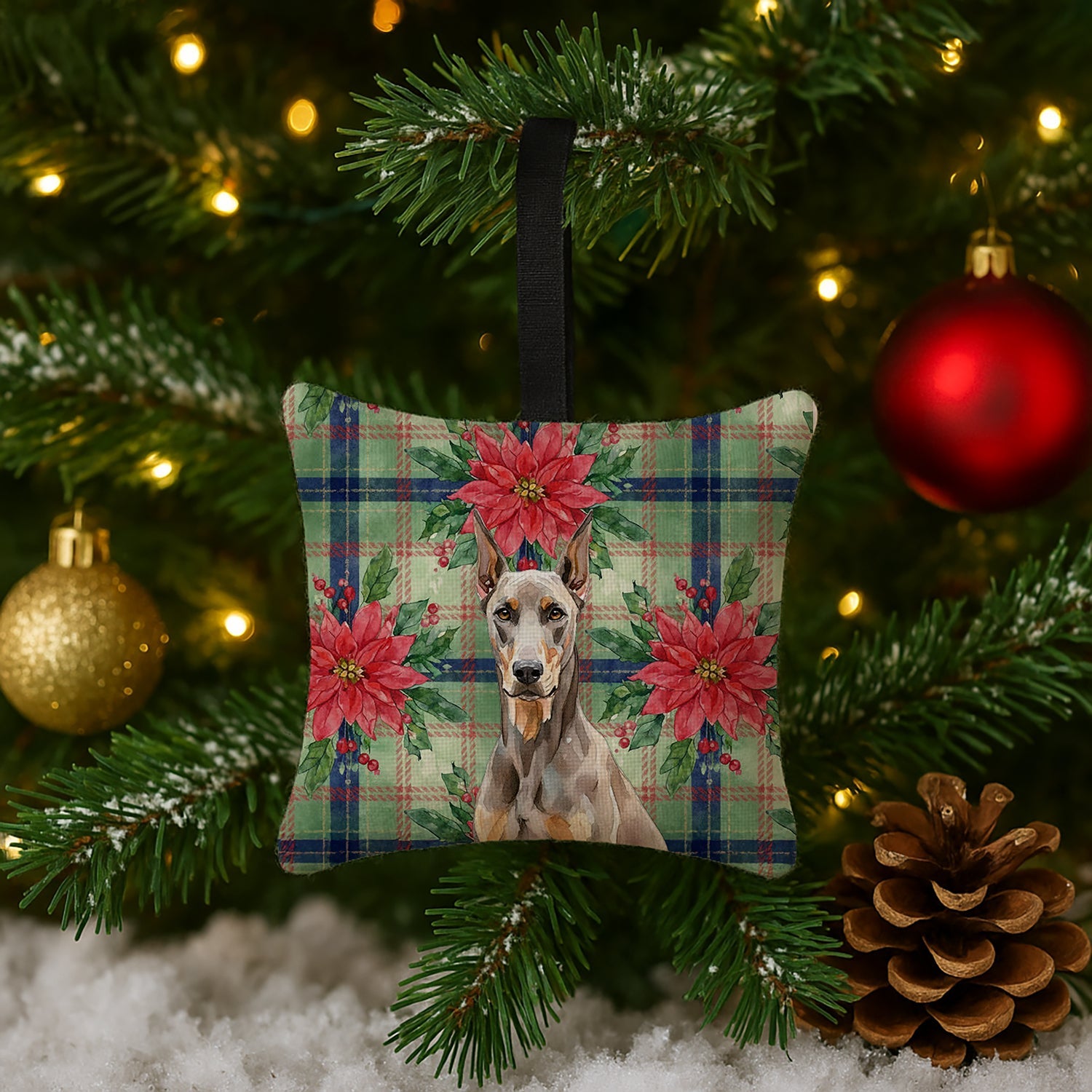 Fawn Doberman Pinscher Christmas PoinsettIas Hanging Square Fabric Ornament 3.5 � 3.5 Decorative Door-Knob & Tree Hanger, Soft Fabric