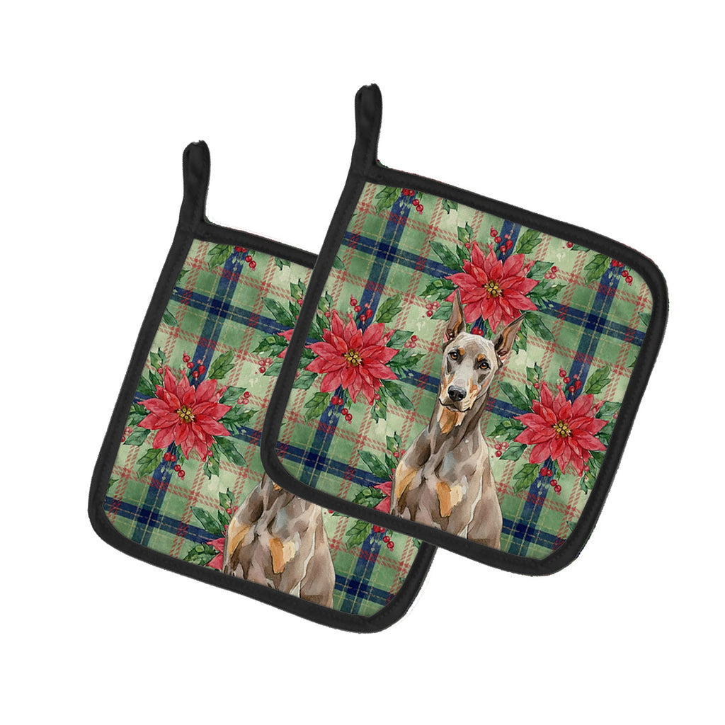 Fawn Doberman Pinscher Christmas PoinsettIas Pot Holder Set of 2 Heat Resistant Quilted Hot Pads 7.5 x 7.5 Inch, Insulated Kitchen Trivets for Cooking & Baking