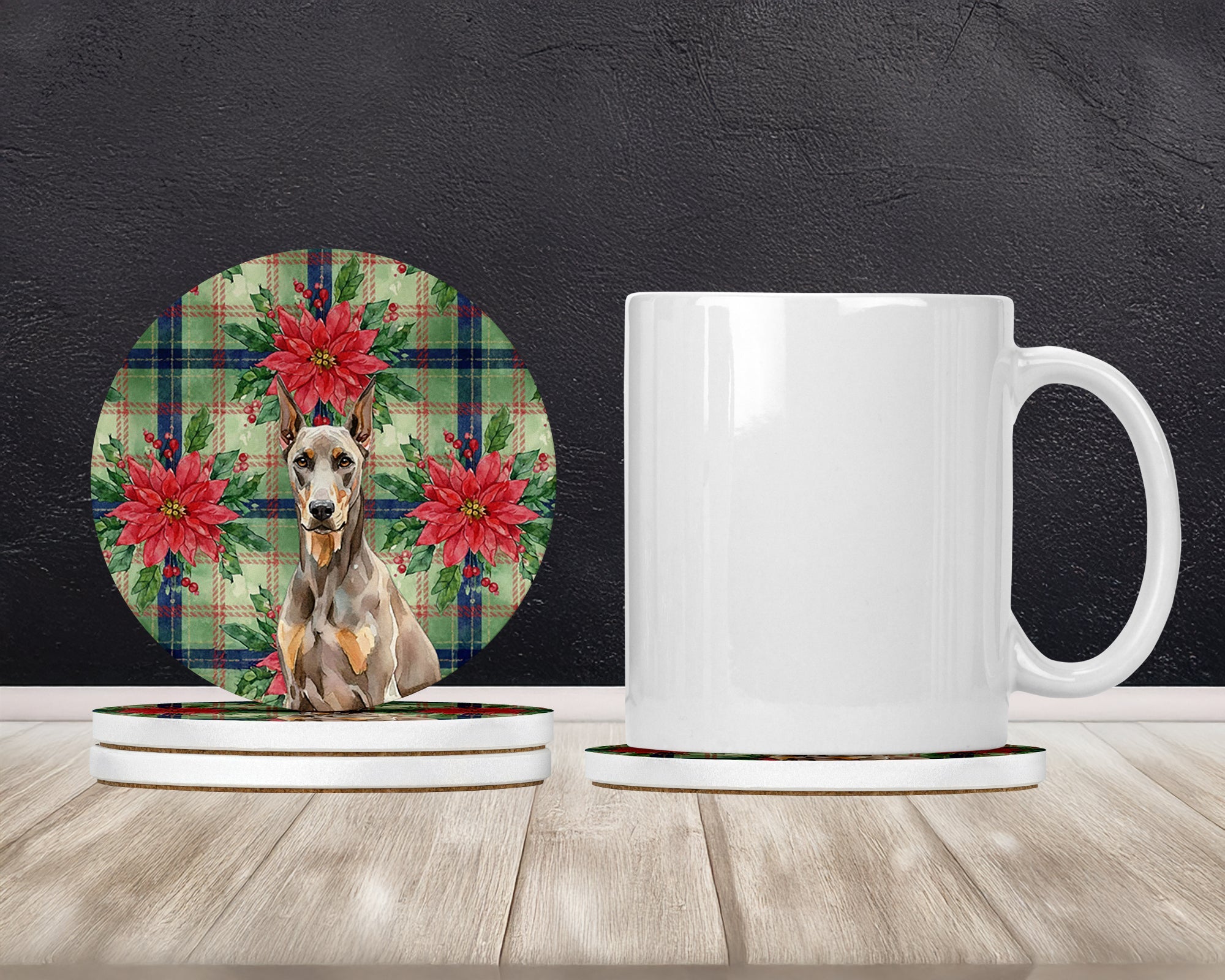 Fawn Doberman Pinscher Christmas PoinsettIas Large Sandstone Coasters Pack of 4 Absorbent Round Coasters Decor Gifts for Men or Women, 4 in, Multicolor