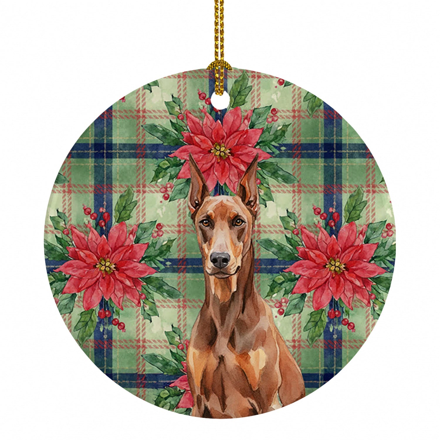 Red Doberman Pinscher Christmas PoinsettIas Ceramic Ornament Christmas Tree Hanging Decorations for Home Christmas Holiday, Party, Gift, 3 in, Multicolor