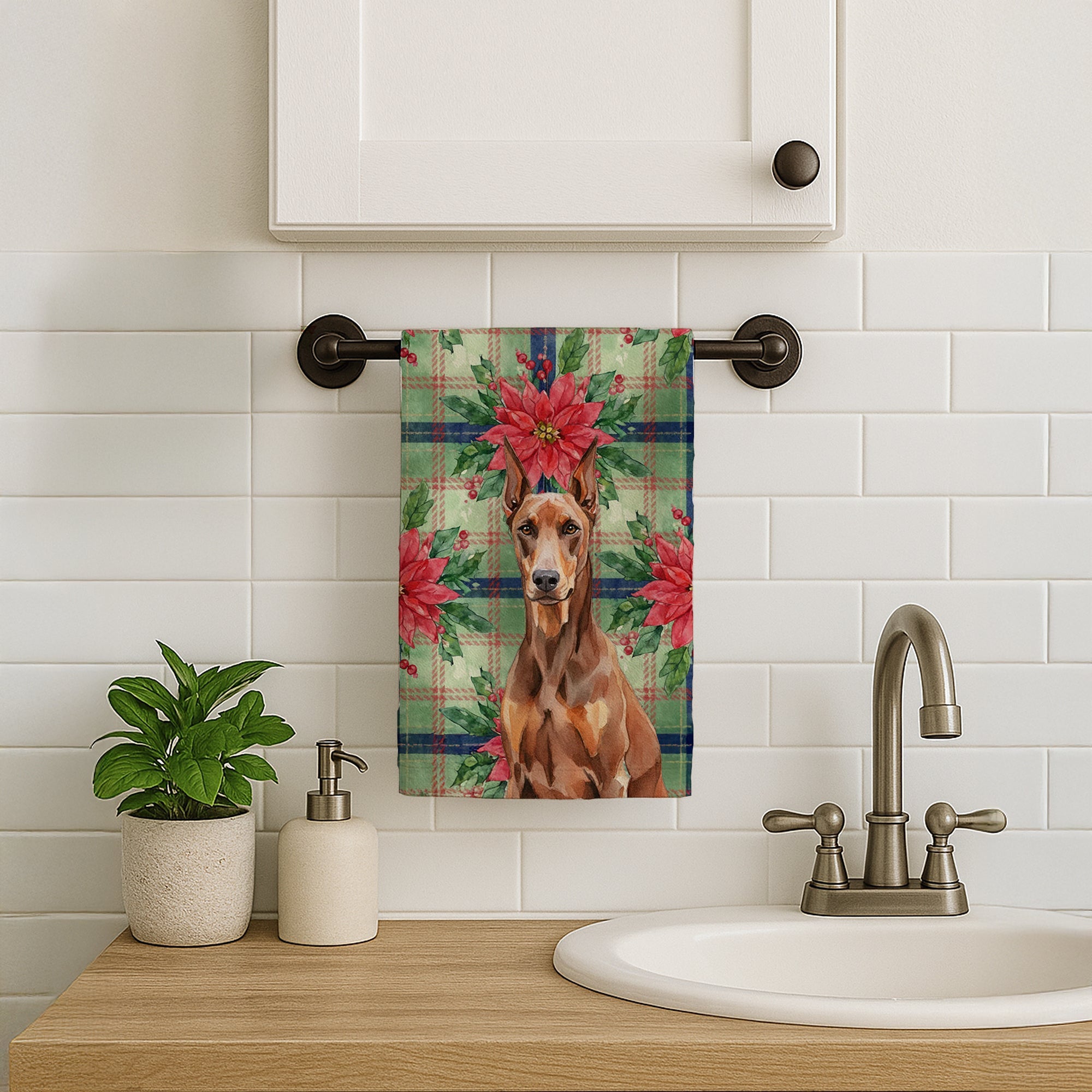 Red Doberman Pinscher Christmas PoinsettIas Kitchen Towel Velour Plush Front and Cotton Loop Back Machine Washable