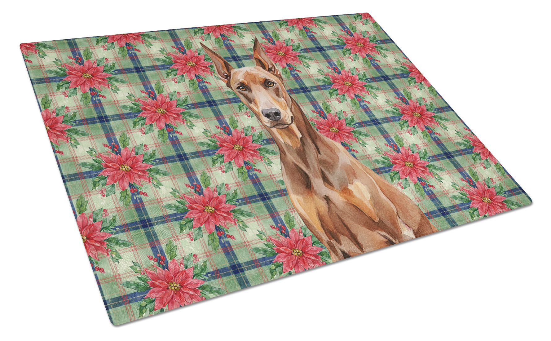 Red Doberman Pinscher Christmas PoinsettIas Cutting Board Tempered Glass Kitchen Cutting Surface, Heat Resistant Chopping, Non-Slip Feet, Food Prep & Serving