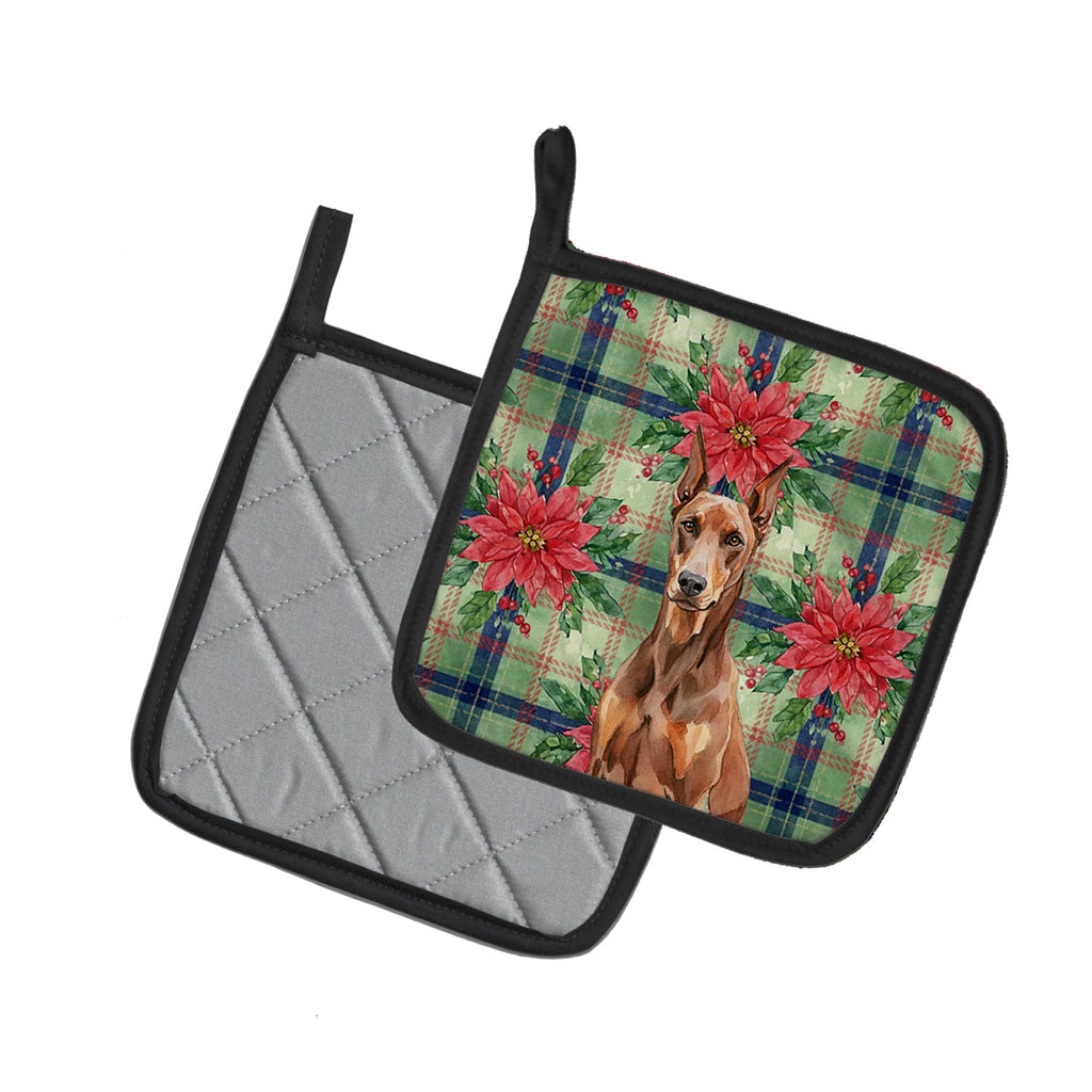 Red Doberman Pinscher Christmas PoinsettIas Pot Holder Set of 2 Heat Resistant Quilted Hot Pads 7.5 x 7.5 Inch, Insulated Kitchen Trivets for Cooking & Baking