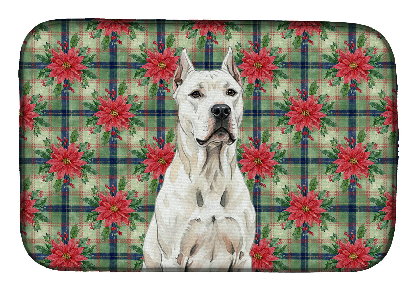 Dogo Argentino Christmas PoinsettIas Dish Drying Mat Absorbent Dish Drying Mat Pad for Kitchen Counter Dish Drainer Mat for Countertop, 14 x 21", Multicolor