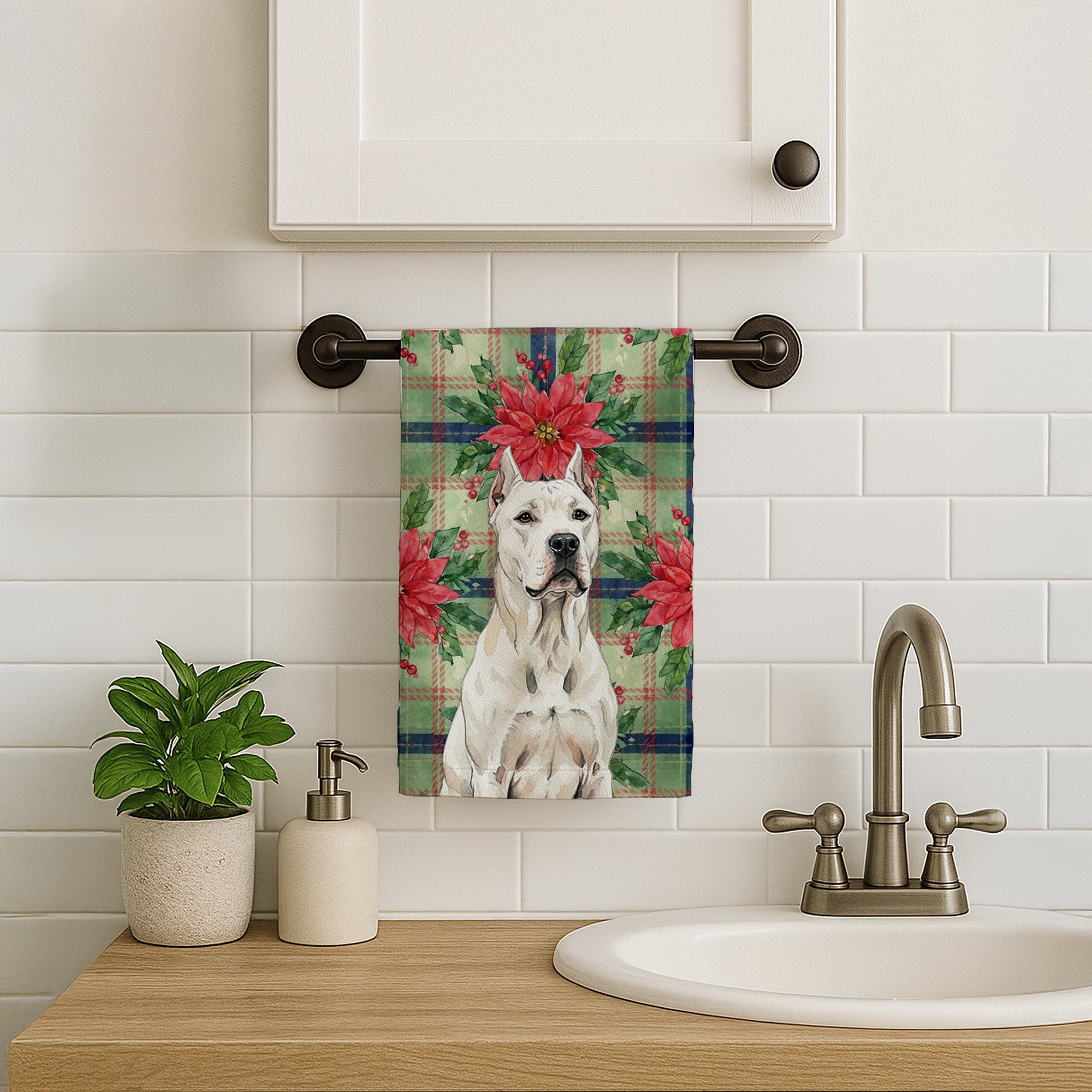Dogo Argentino Christmas PoinsettIas Kitchen Towel Velour Plush Front and Cotton Loop Back Machine Washable