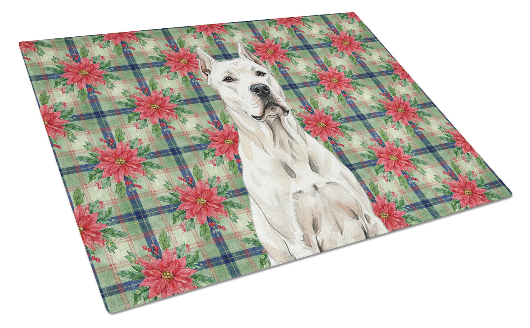 Dogo Argentino Christmas PoinsettIas Cutting Board Tempered Glass Kitchen Cutting Surface, Heat Resistant Chopping, Non-Slip Feet, Food Prep & Serving