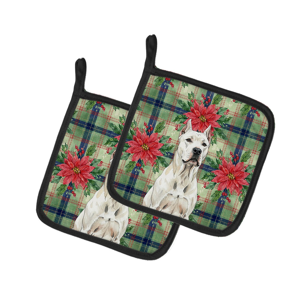 Dogo Argentino Christmas PoinsettIas Pot Holder Set of 2 Heat Resistant Quilted Hot Pads 7.5 x 7.5 Inch, Insulated Kitchen Trivets for Cooking & Baking