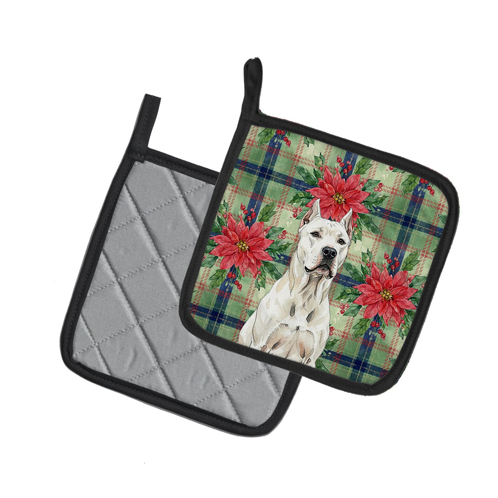 Dogo Argentino Christmas PoinsettIas Pot Holder Set of 2 Heat Resistant Quilted Hot Pads 7.5 x 7.5 Inch, Insulated Kitchen Trivets for Cooking & Baking