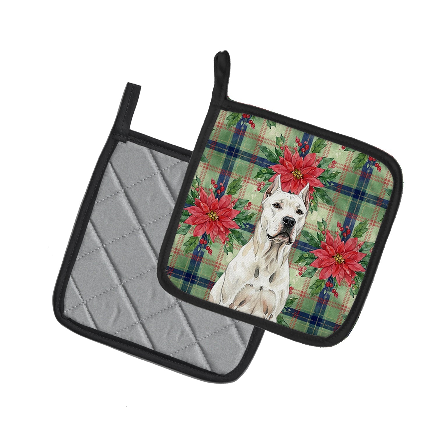 Dogo Argentino Christmas PoinsettIas Pot Holder Set of 2 Heat Resistant Quilted Hot Pads 7.5 x 7.5 Inch, Insulated Kitchen Trivets for Cooking & Baking
