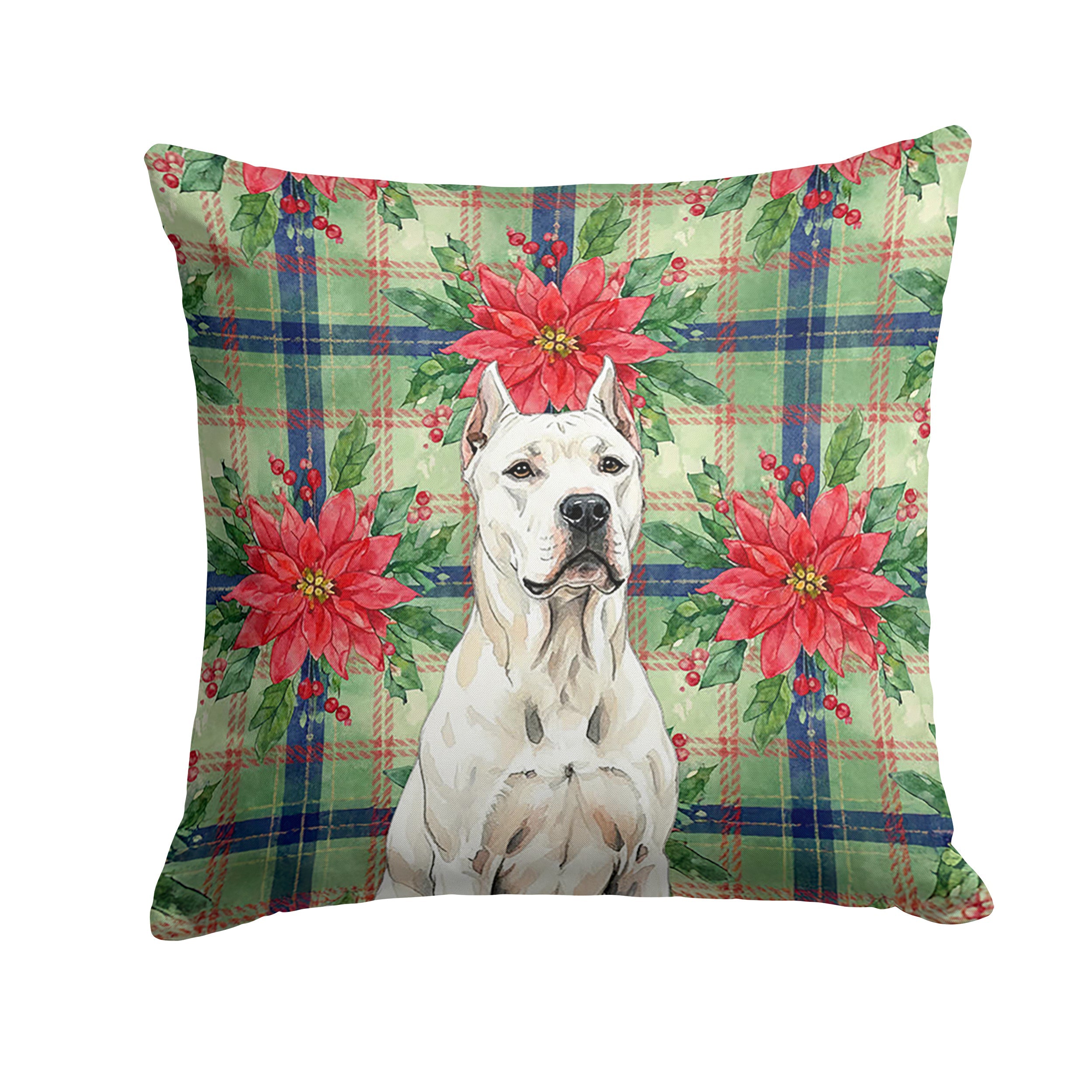 Dogo Argentino Christmas PoinsettIas Decorative Throw Pillow 18x18 Indoor Outdoor Accent Cushion, Fabric Cover with Insert for Sofa, Bed, Porch & Living Room
