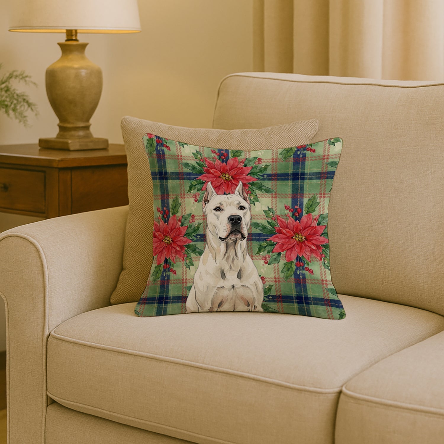 Dogo Argentino Christmas PoinsettIas Decorative Throw Pillow 18x18 Indoor Outdoor Accent Cushion, Fabric Cover with Insert for Sofa, Bed, Porch & Living Room