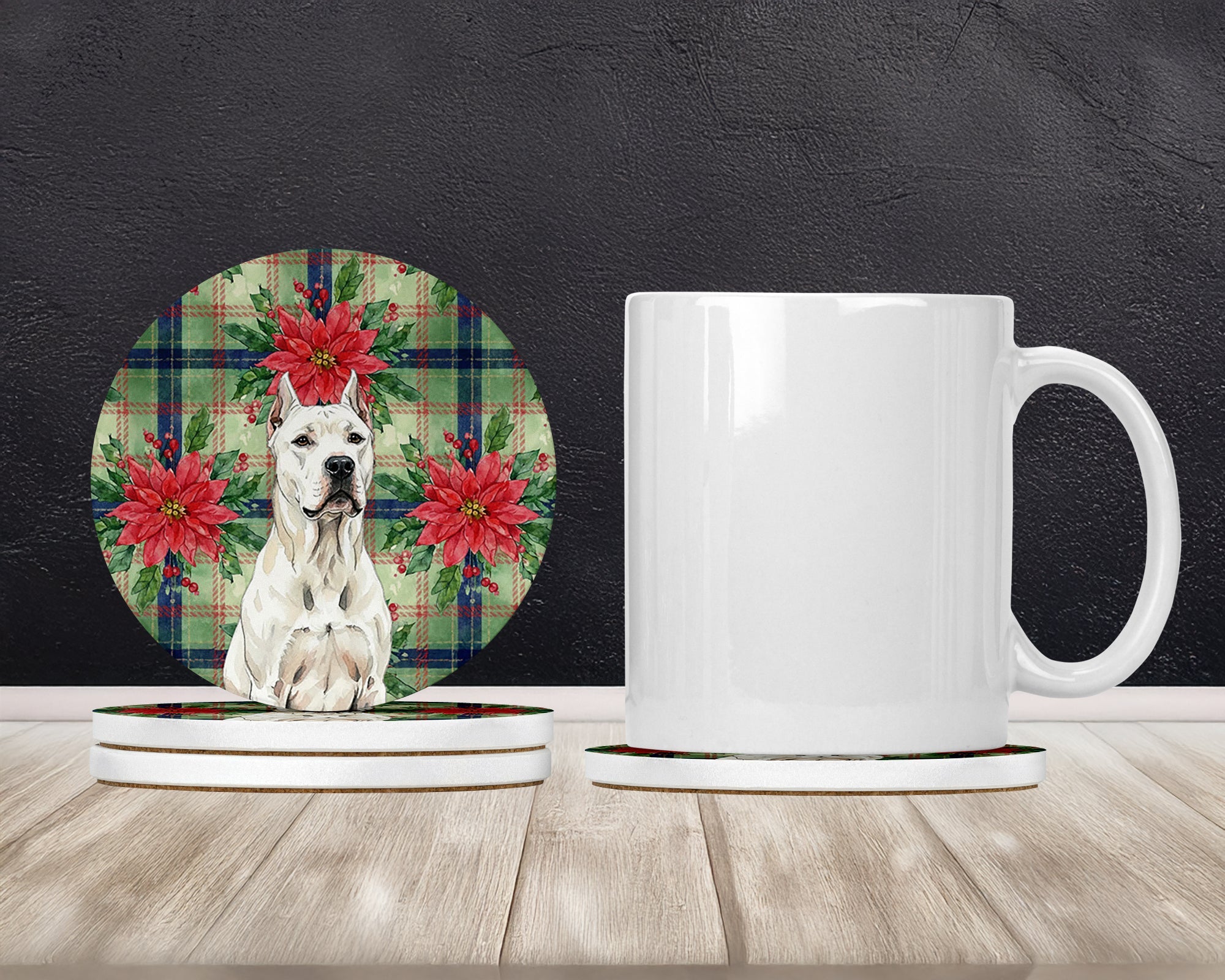 Dogo Argentino Christmas PoinsettIas Large Sandstone Coasters Pack of 4 Absorbent Round Coasters Decor Gifts for Men or Women, 4 in, Multicolor