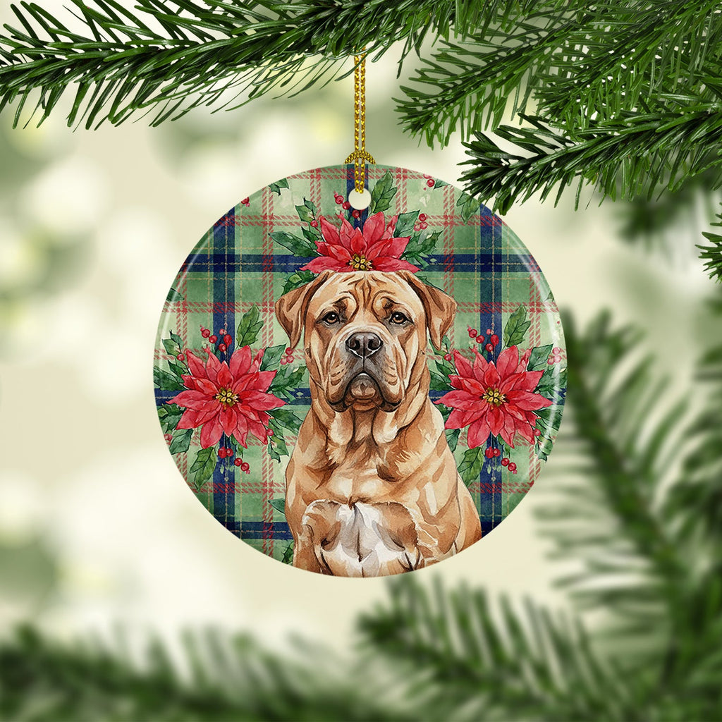 Dogue de Bordeaux Christmas PoinsettIas Ceramic Ornament Christmas Tree Hanging Decorations for Home Christmas Holiday, Party, Gift, 3 in, Multicolor
