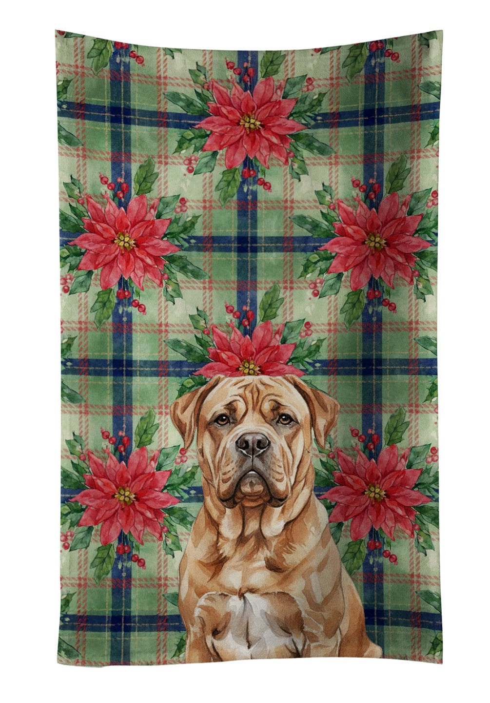Dogue de Bordeaux Christmas PoinsettIas Kitchen Towel Velour Plush Front and Cotton Loop Back Machine Washable