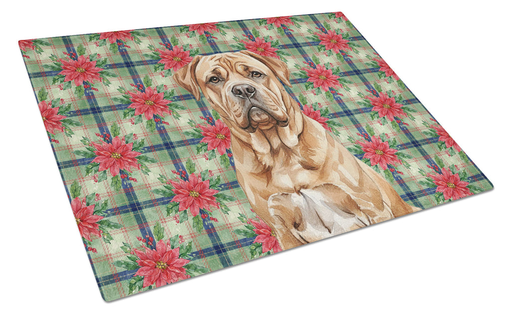 Dogue de Bordeaux Christmas PoinsettIas Cutting Board Tempered Glass Kitchen Cutting Surface, Heat Resistant Chopping, Non-Slip Feet, Food Prep & Serving
