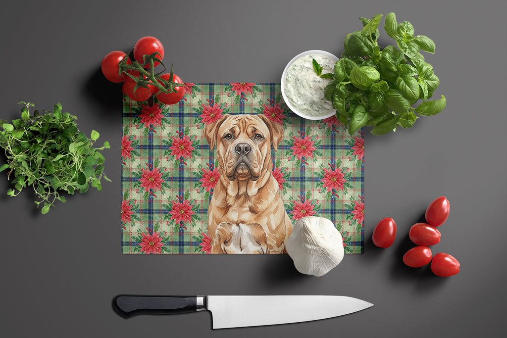 Dogue de Bordeaux Christmas PoinsettIas Cutting Board Tempered Glass Kitchen Cutting Surface, Heat Resistant Chopping, Non-Slip Feet, Food Prep & Serving