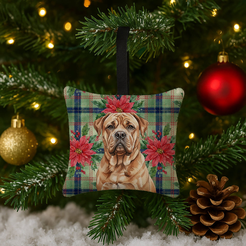 Dogue de Bordeaux Christmas PoinsettIas Hanging Square Fabric Ornament 3.5 � 3.5 Decorative Door-Knob & Tree Hanger, Soft Fabric
