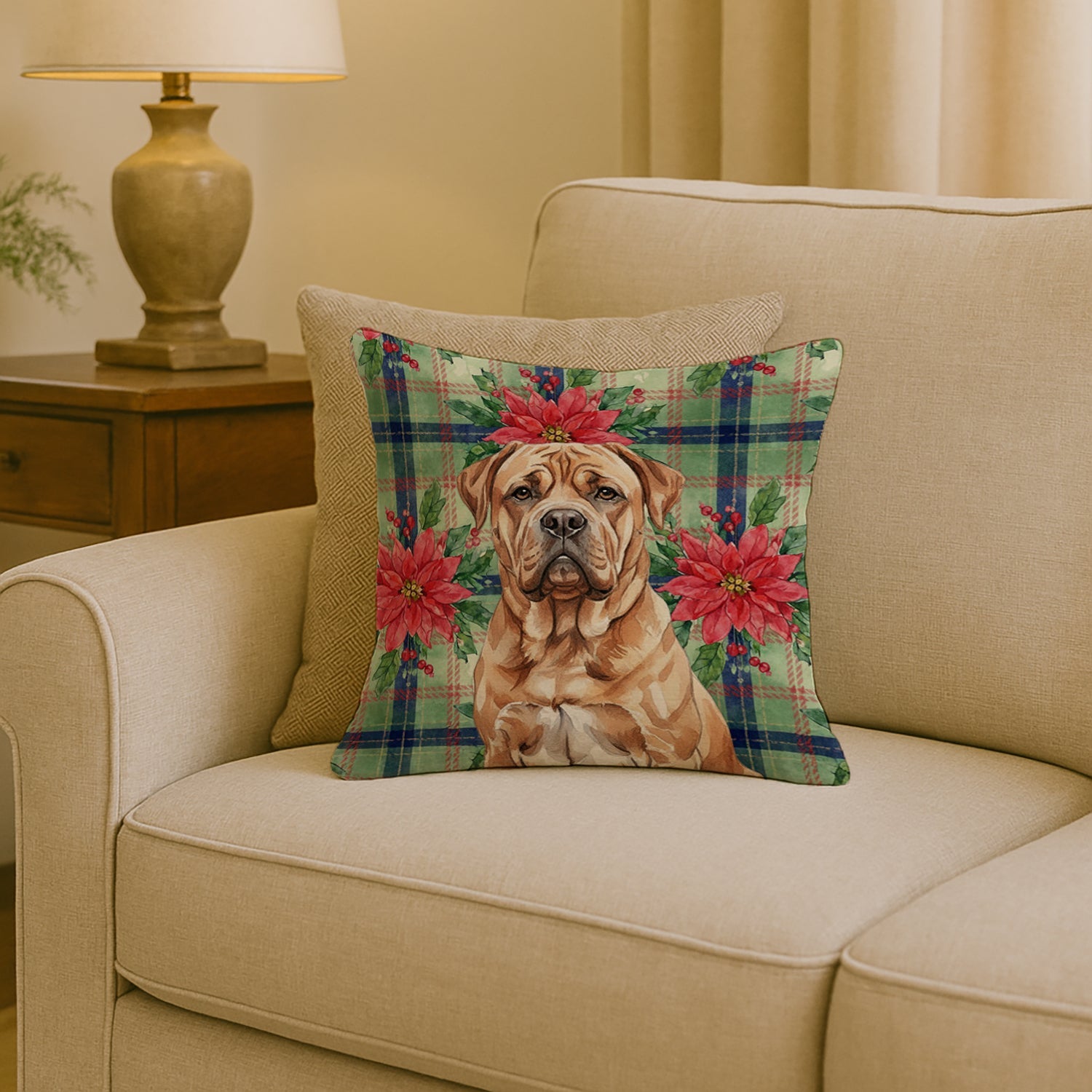 Dogue de Bordeaux Christmas PoinsettIas Decorative Throw Pillow 18x18 Indoor Outdoor Accent Cushion, Fabric Cover with Insert for Sofa, Bed, Porch & Living Room