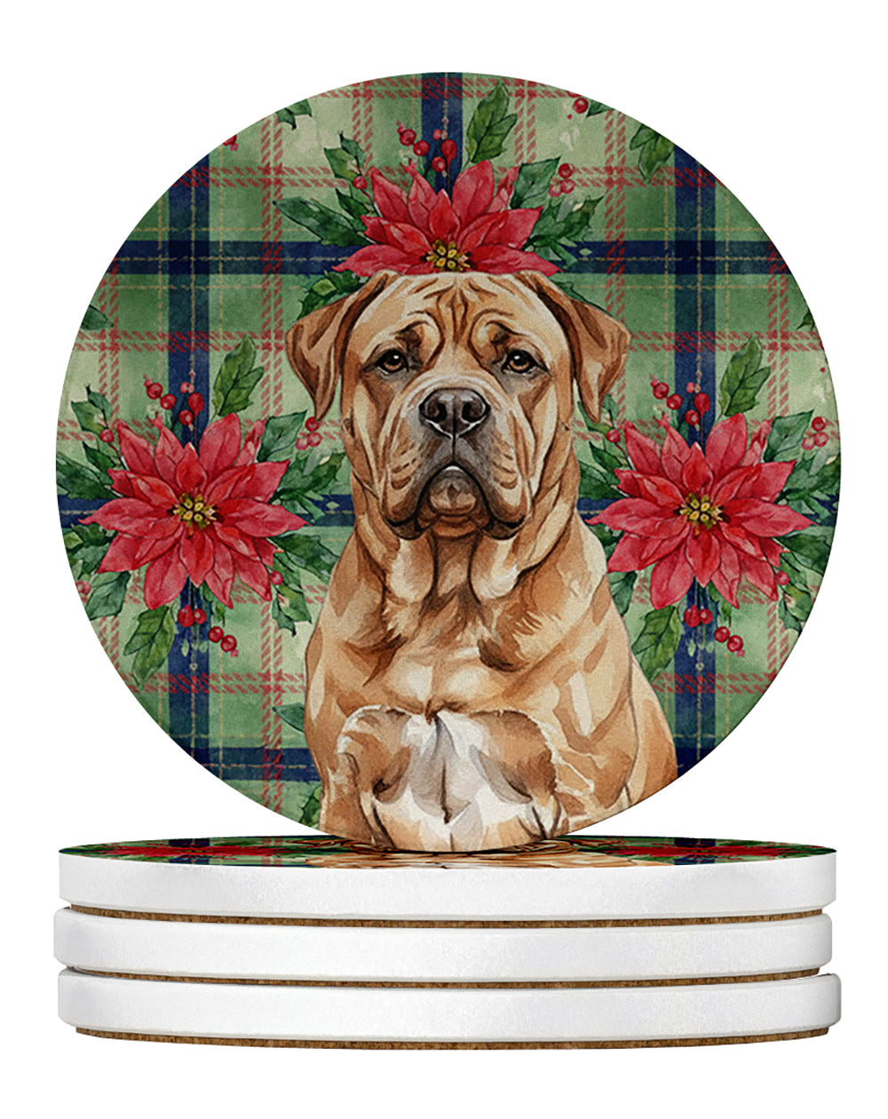 Dogue de Bordeaux Christmas PoinsettIas Large Sandstone Coasters Pack of 4 Absorbent Round Coasters Decor Gifts for Men or Women, 4 in, Multicolor