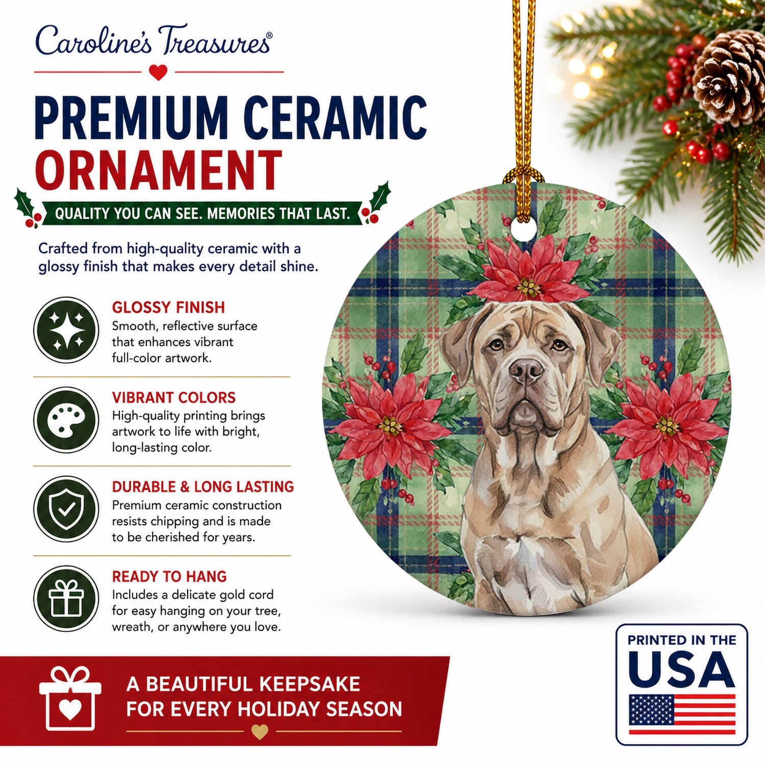 Isabella Dogue de Bordeaux Christmas PoinsettIas Ceramic Ornament Christmas Tree Hanging Decorations for Home Christmas Holiday, Party, Gift, 3 in, Multicolor