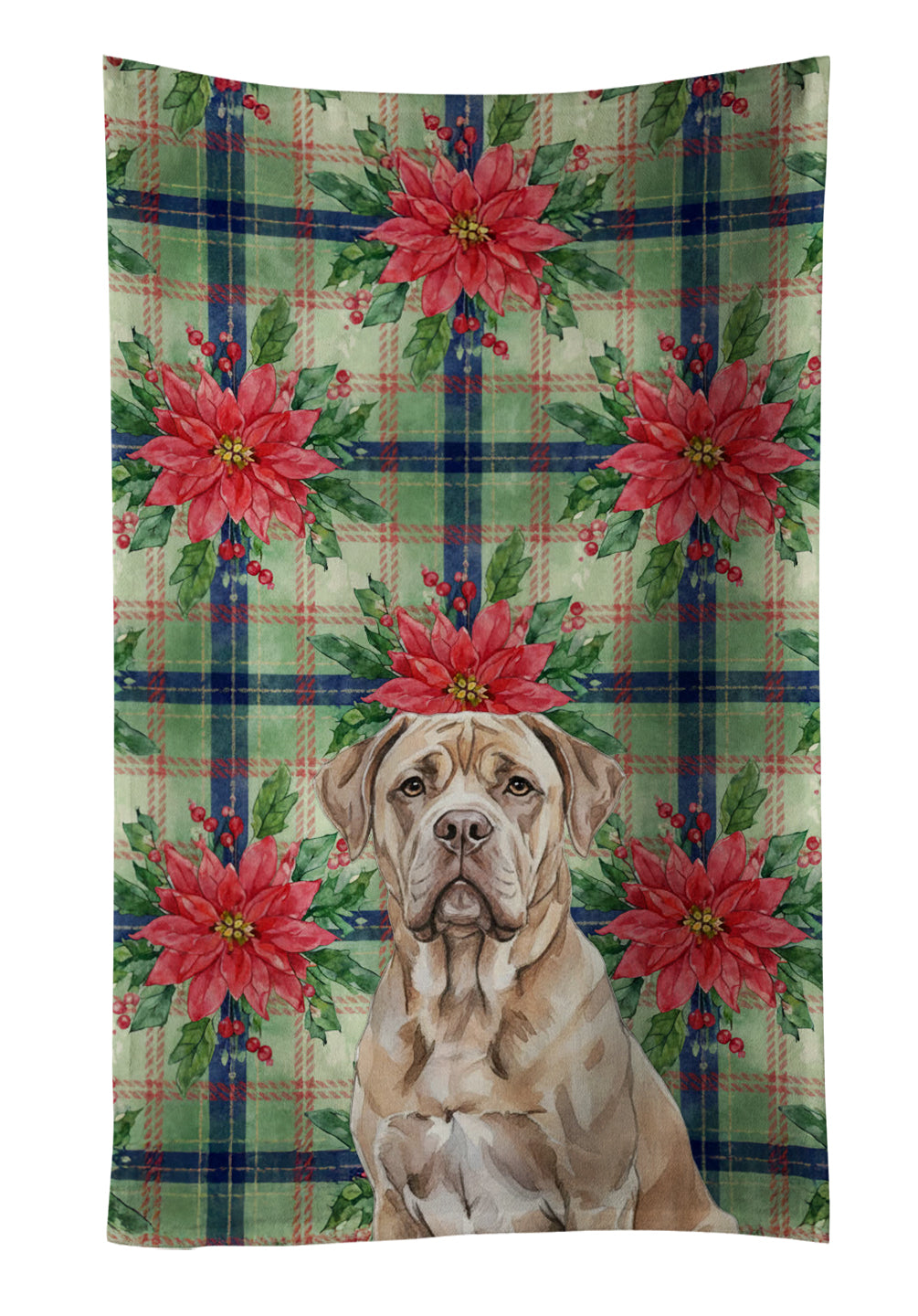Isabella Dogue de Bordeaux Christmas PoinsettIas Kitchen Towel Velour Plush Front and Cotton Loop Back Machine Washable