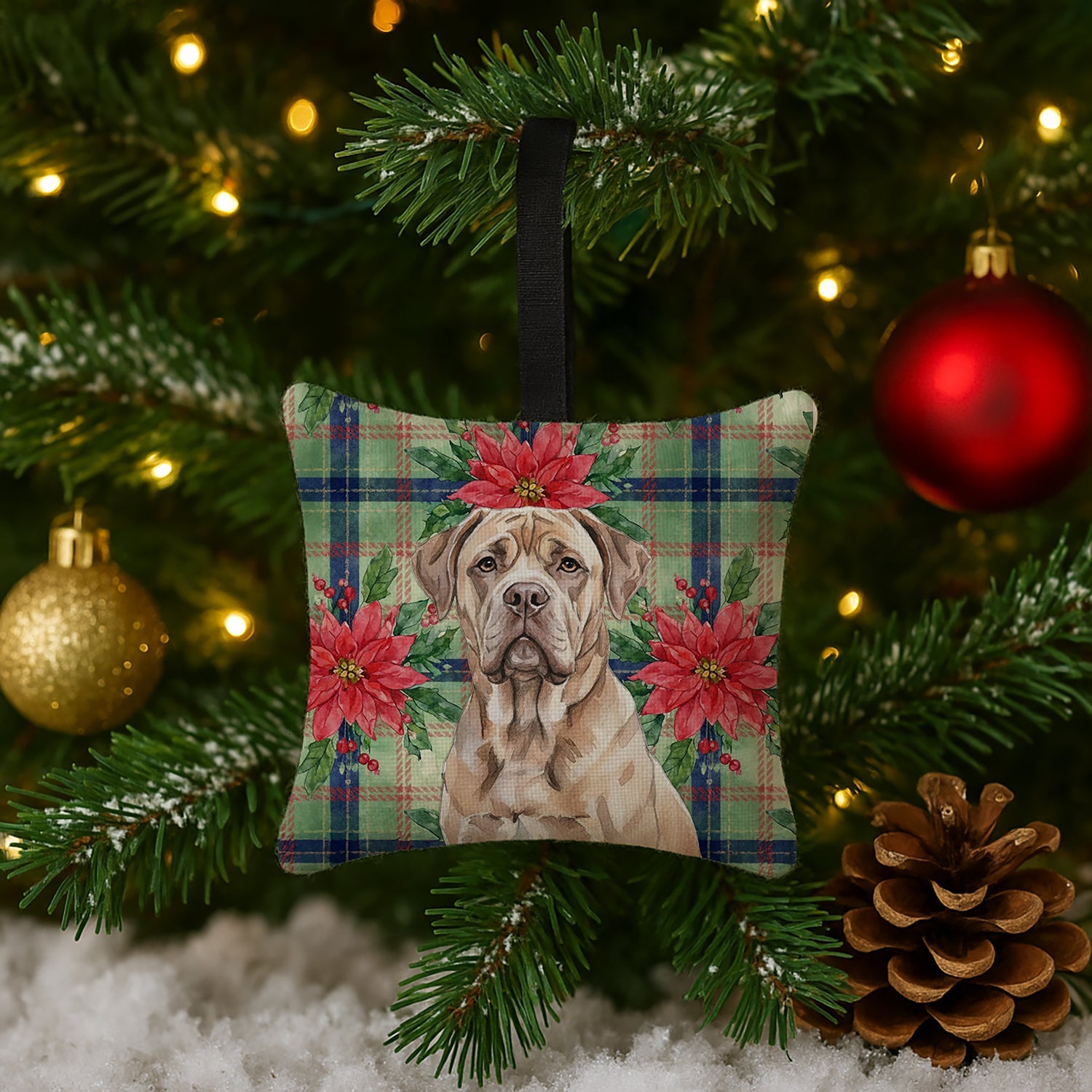 Isabella Dogue de Bordeaux Christmas PoinsettIas Hanging Square Fabric Ornament 3.5 � 3.5 Decorative Door-Knob & Tree Hanger, Soft Fabric