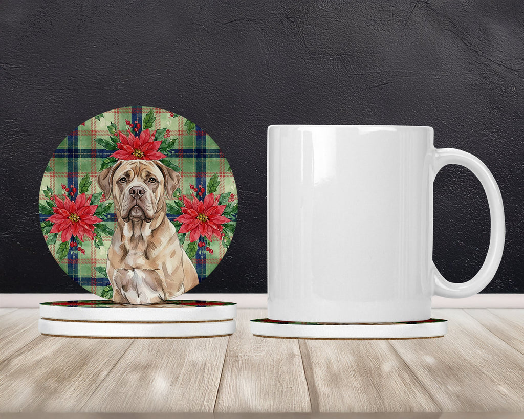 Isabella Dogue de Bordeaux Christmas PoinsettIas Large Sandstone Coasters Pack of 4 Absorbent Round Coasters Decor Gifts for Men or Women, 4 in, Multicolor